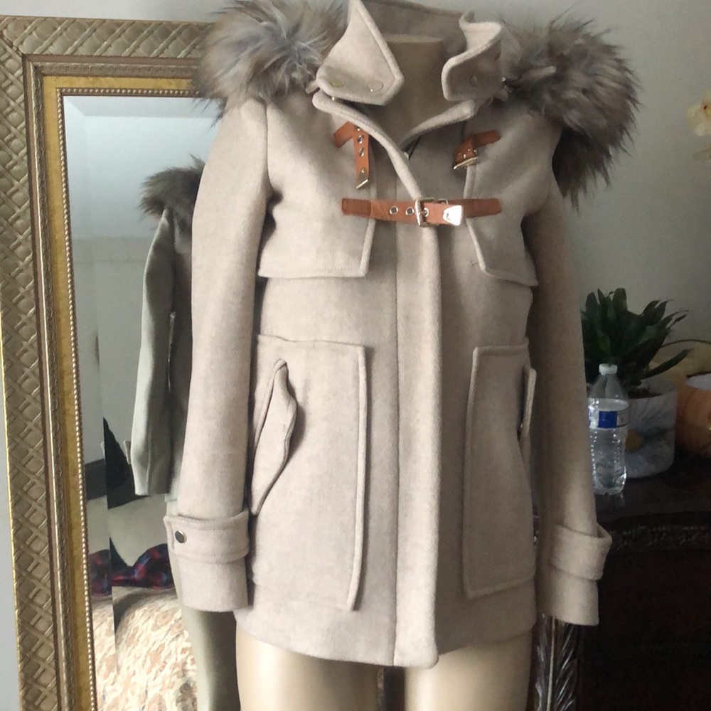 ZARA Woman Wool Pea Coat Jacket Women’s Winter Hooded Faux Fur szxs
